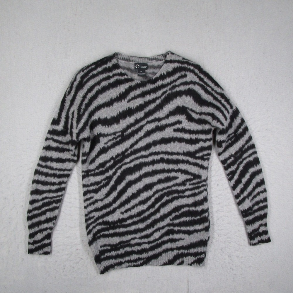 C by Bloomingdale's Cashmere Zebra Print Sweater Womens XL Grey Black Crewneck